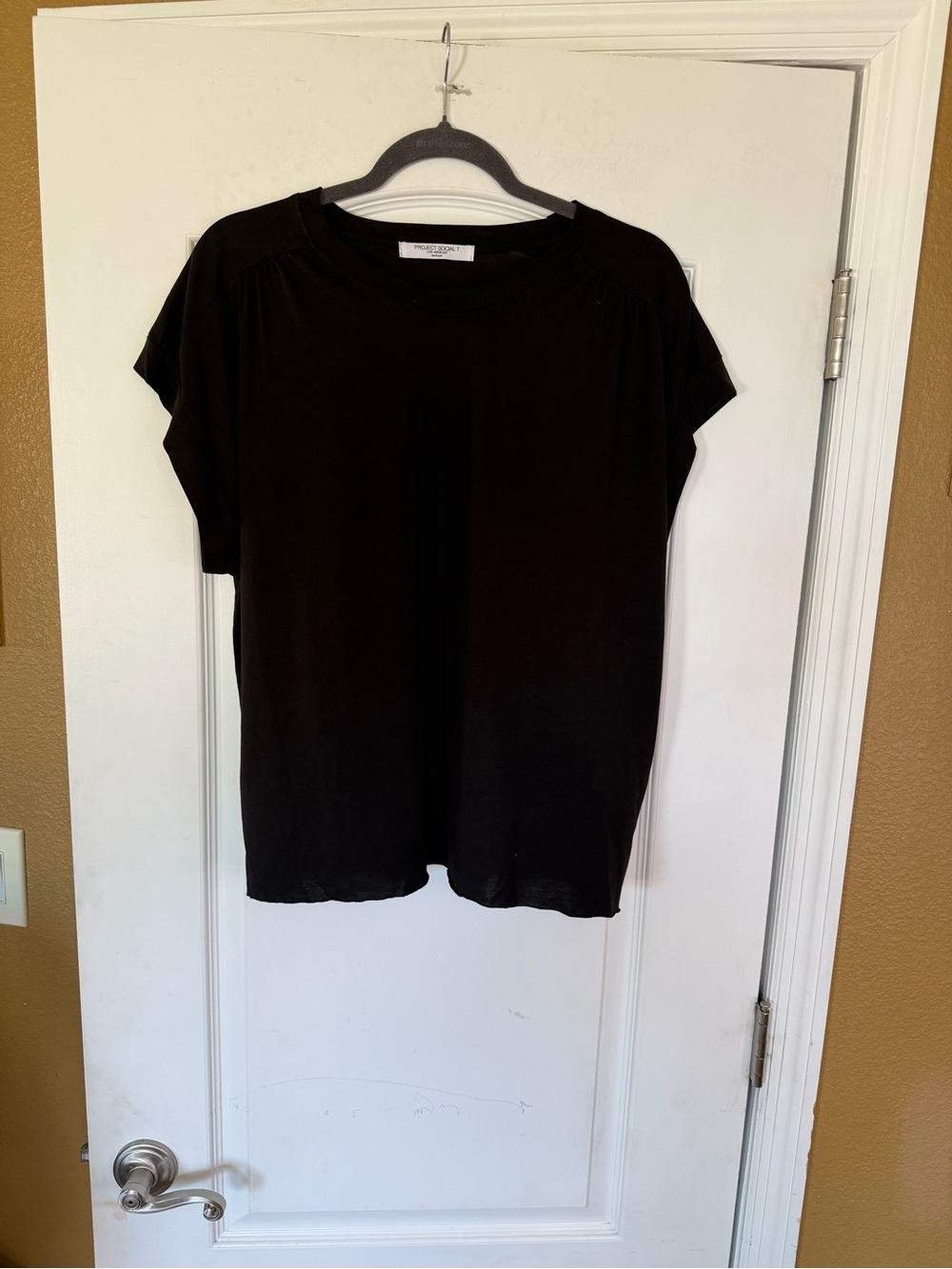 Project Social T Black Short Sleeve Crewneck Tee W/ Soft Pleated Shoulder. SizeM
